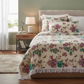 Colcha Cobre Leito Casal Linh�o Estampada 3 pe�as 